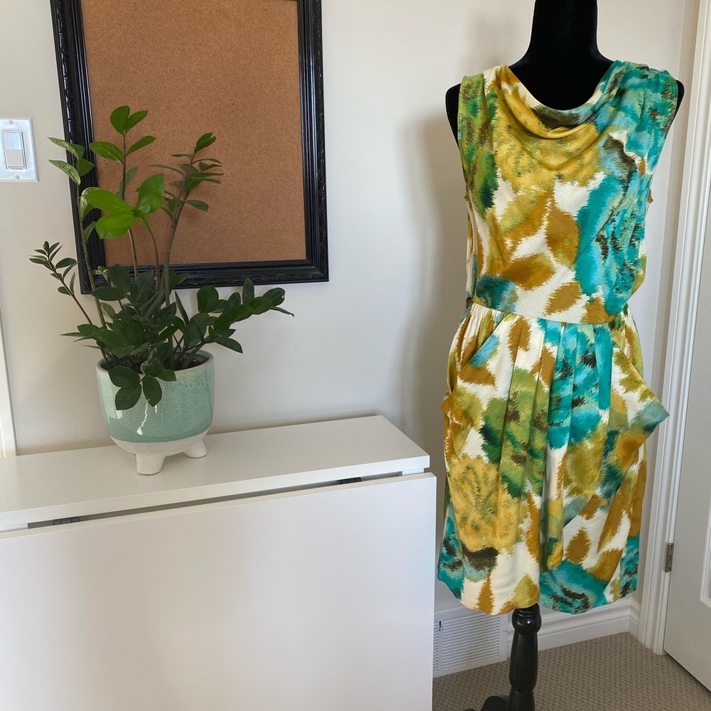 Green and gold floral print sleeveless dress